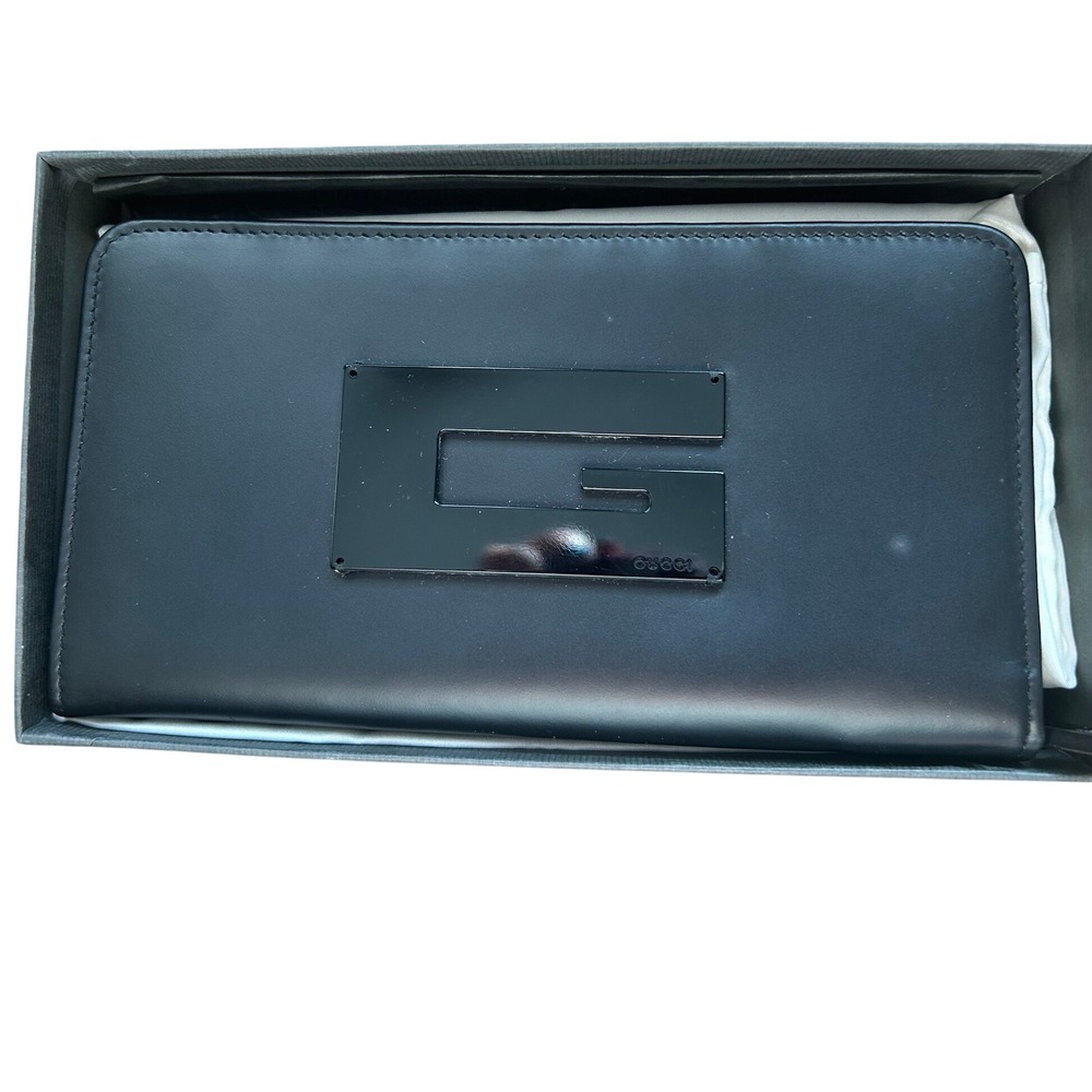 Gucci Black Leather Zip Around Long Wallet G Logo Plaque 035-0416-1978 Italy#613